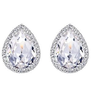 Silver with White Diamond Austrian Crystal Teardrop Stud Post Back Earrings